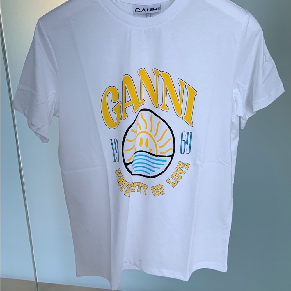 Ganni White Tee with Yellow and Blue Graphic
